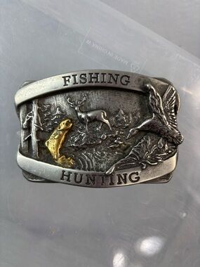 Men’s Fishing & Hunting Western Two-Tone Belt Buckle - Silver w Gold Accent